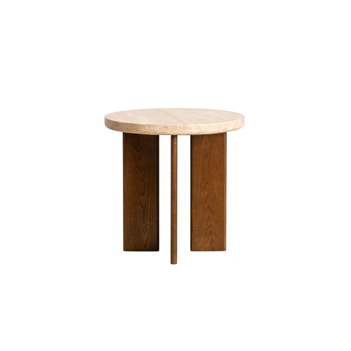 Trey Side Table - Beige Travertine/Saddle Oak